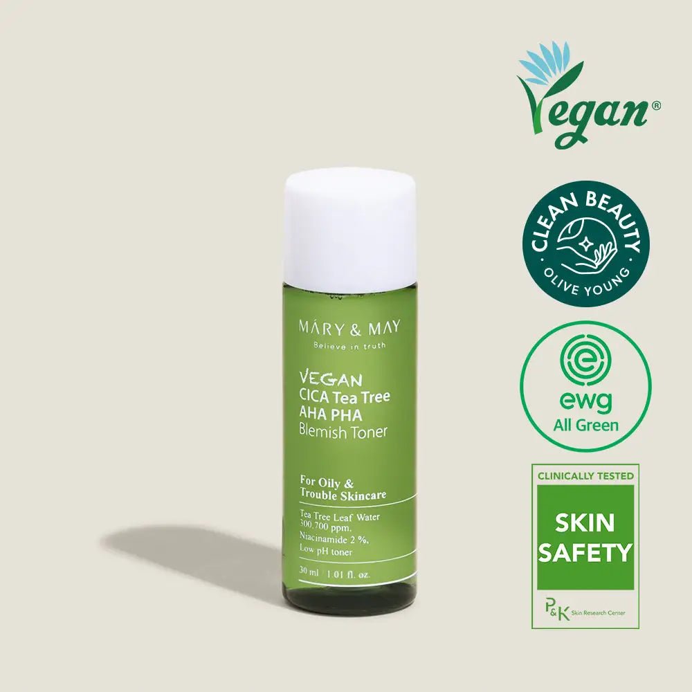MARY&MAY Vegan CICA Tea Tree AHA PHA Blemish Toner 30ml Mini for Clearer Skin - 30ml