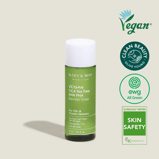 MARY&MAY Vegan CICA Tea Tree AHA PHA Blemish Toner 30ml Mini for Clearer Skin - 30ml